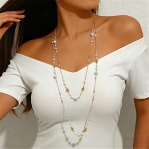 Long Gold Pearl Necklaces for Women Trendy Dainty Layered Pearl Statement